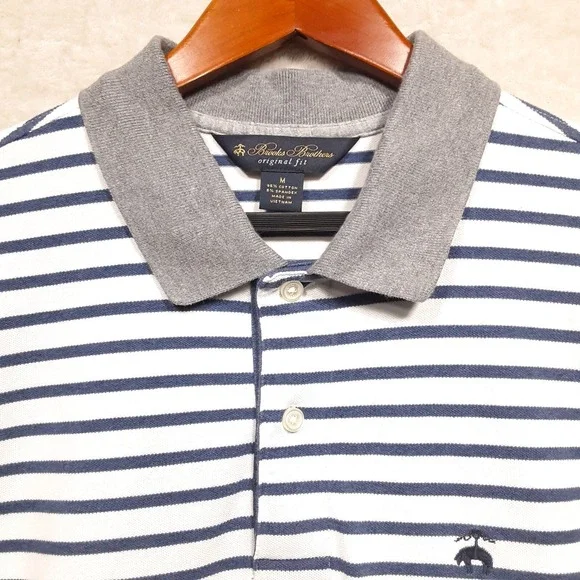 Brooks Brothers Mens Pique Striped Polo Sz.M/Original Fit/White-Blue/Stretch - Picture 2 of 10